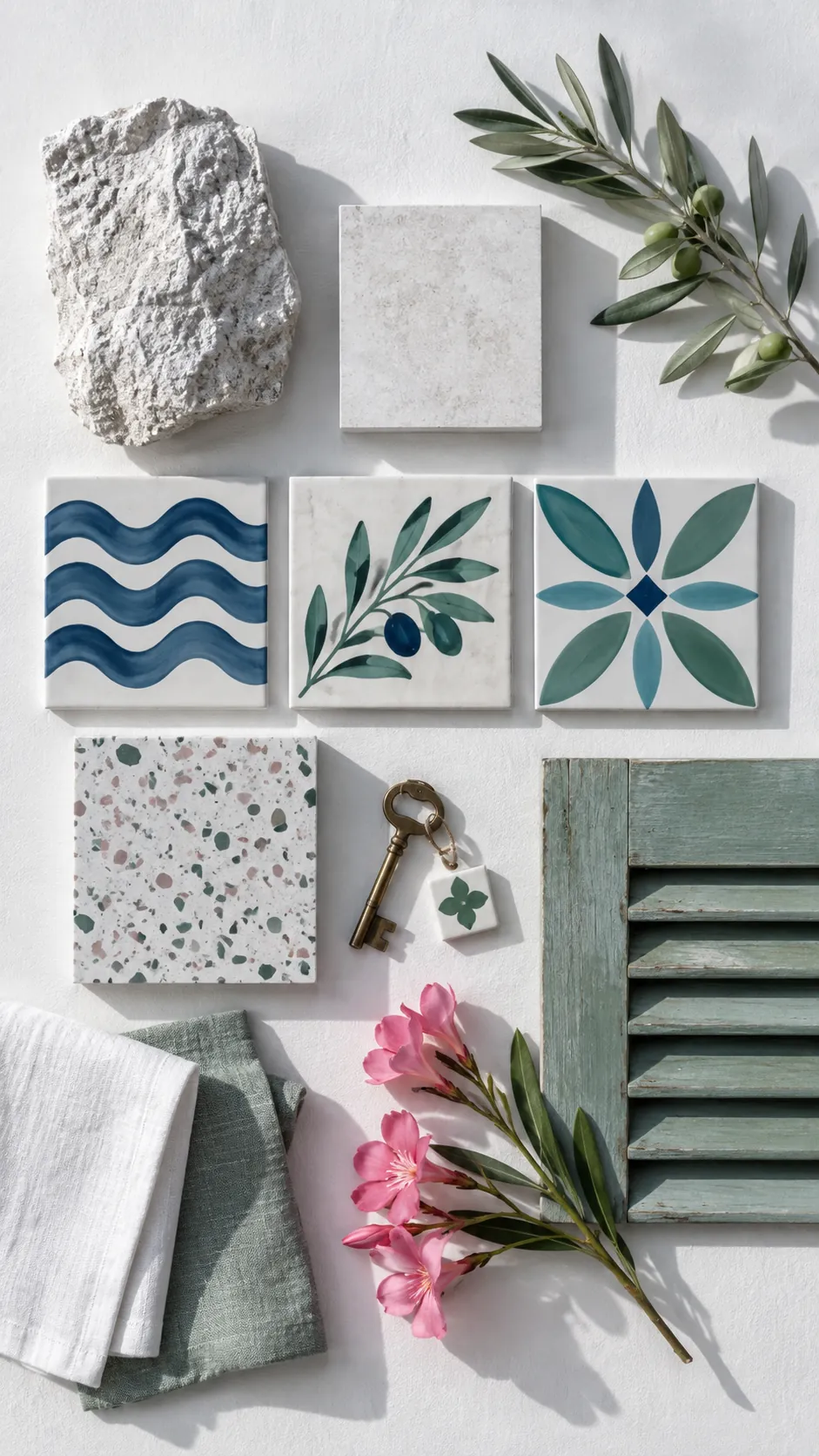 Ten materials. Nothing else. Stone from the site, laid dry, Fine white limestone, Marmorino lime plaster, Venetian terrazzo, Hand-glazed majolica