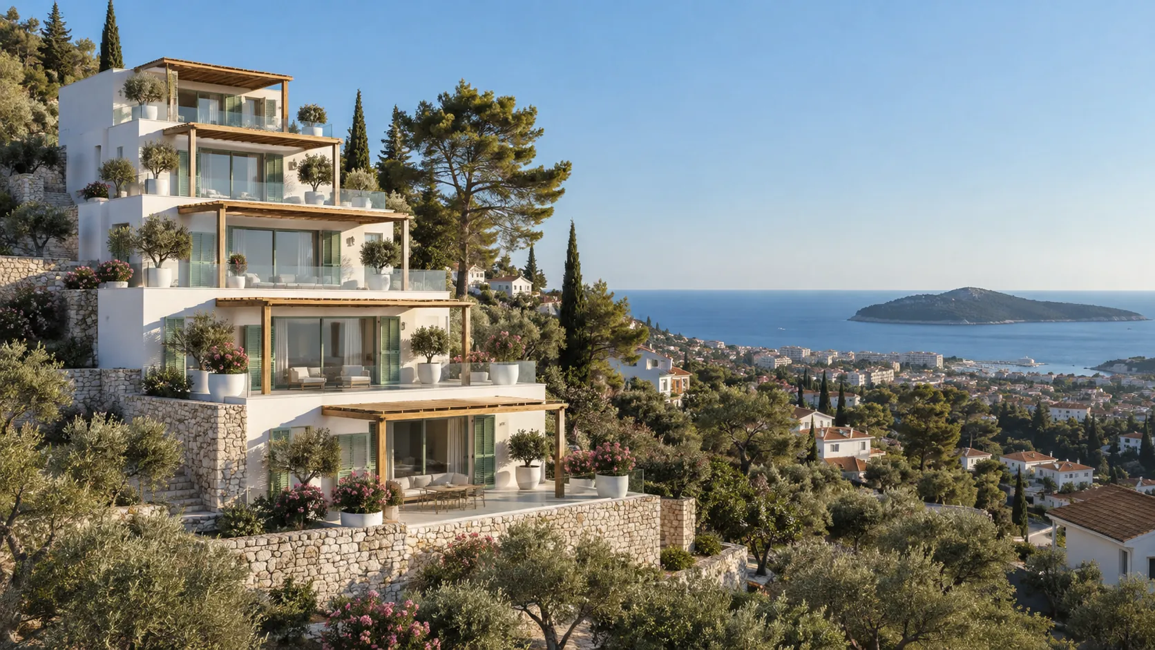 Five white terraces on the slope. · Concept design